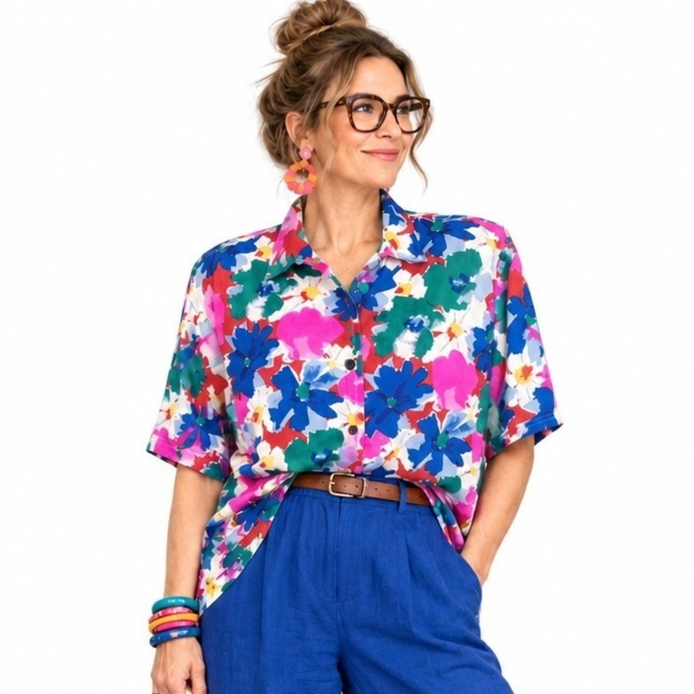 Vintage 90s Silk Top 20W Floral Dopamine Art Teacher Grannycore Statement Blouse